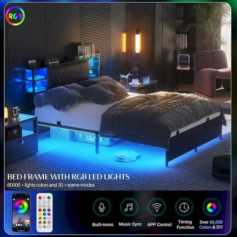 Postelový rám s úložným čalouněným čelem, nabíjecí stanicí a RGB LED osvětlením