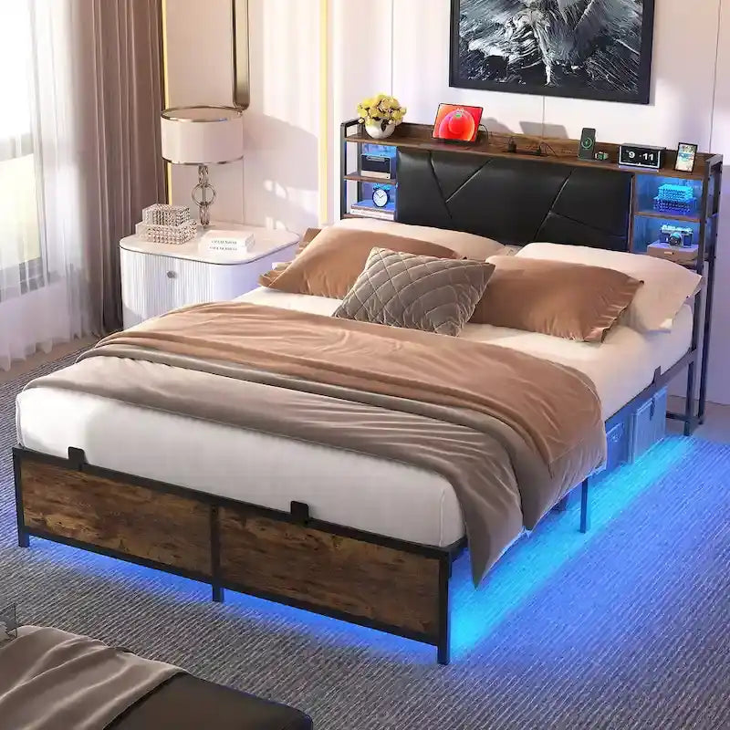 Postelový rám s úložným čalouněným čelem, nabíjecí stanicí a RGB LED osvětlením