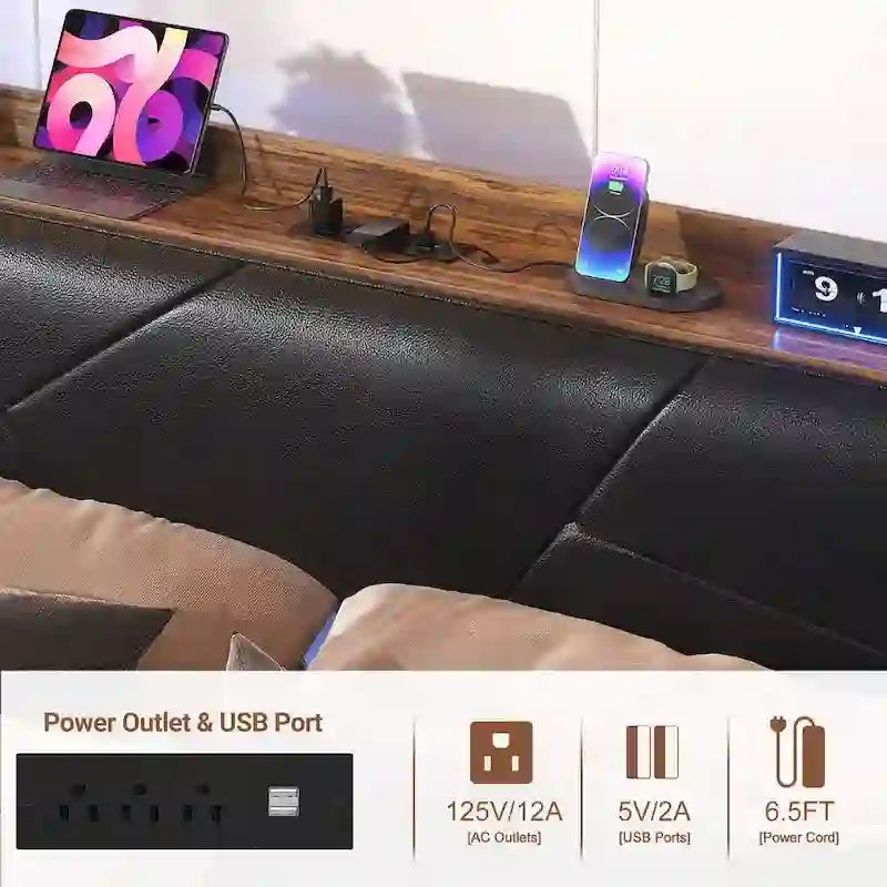 Postelový rám s úložným čalouněným čelem, nabíjecí stanicí a RGB LED osvětlením