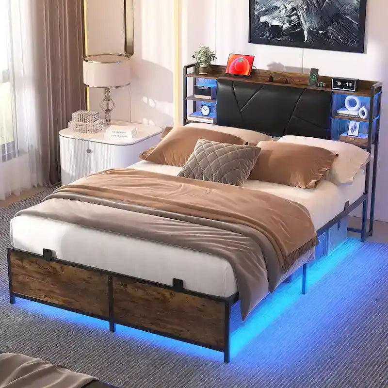 Postelový rám s úložným čalouněným čelem, nabíjecí stanicí a RGB LED osvětlením