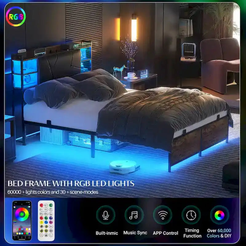 Postelový rám s úložným čalouněným čelem, nabíjecí stanicí a RGB LED osvětlením