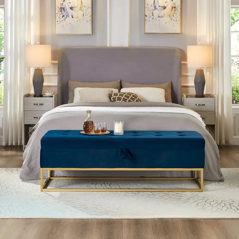 Velvet Storage Bench with Metal Base, 58.6 Inches
