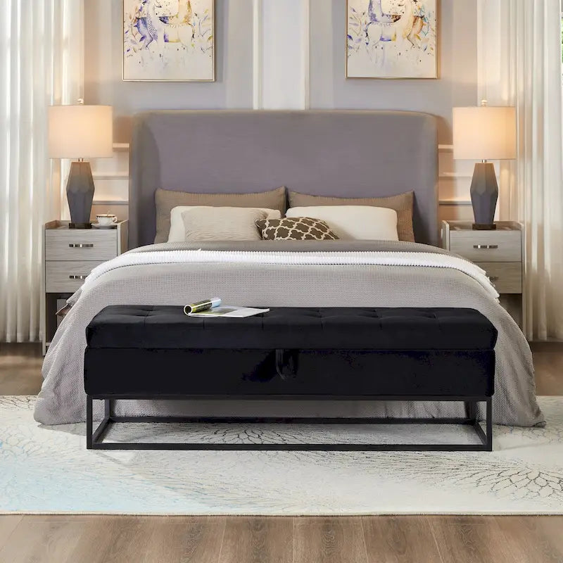 Velvet Storage Bench with Metal Base, 58.6 Inches
