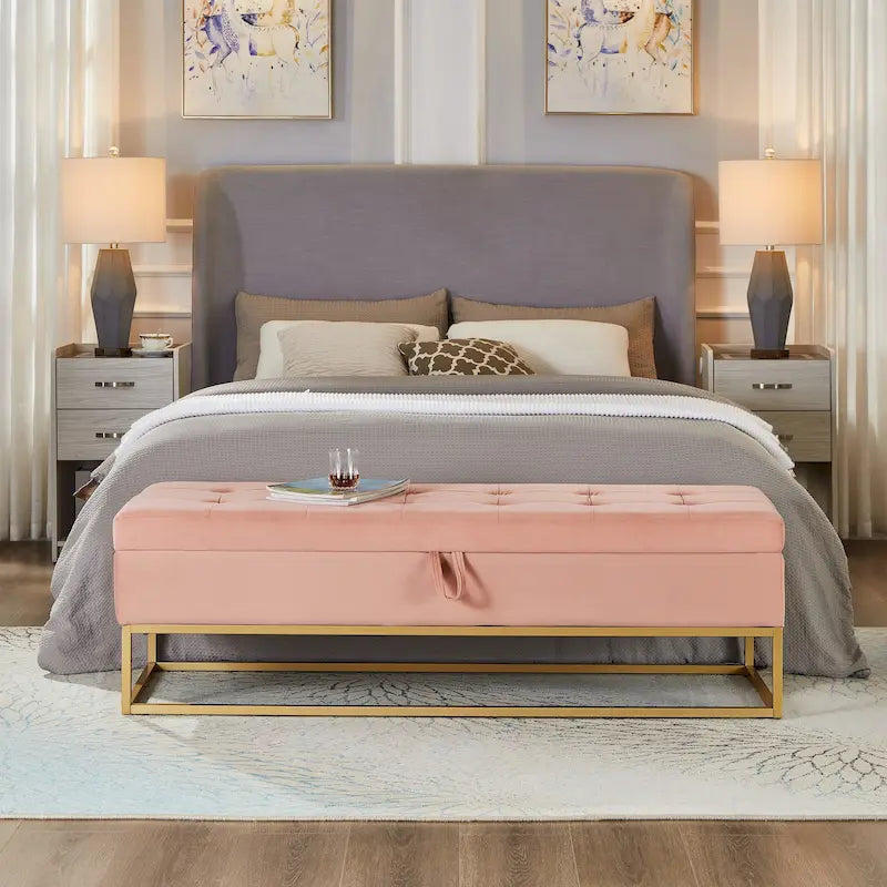 Velvet Storage Bench with Metal Base, 58.6 Inches