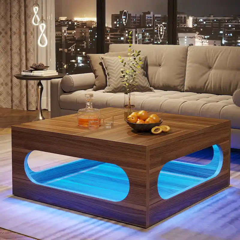 Mesa de centro quadrada de 43 polegadas com luz LED e arrumação de 2 níveis