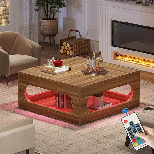 Vierkante salontafel van 43 inch met LED-verlichting en opbergruimte met 2 niveaus