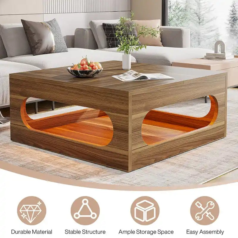 Mesa de centro quadrada de 43 polegadas com luz LED e arrumação de 2 níveis