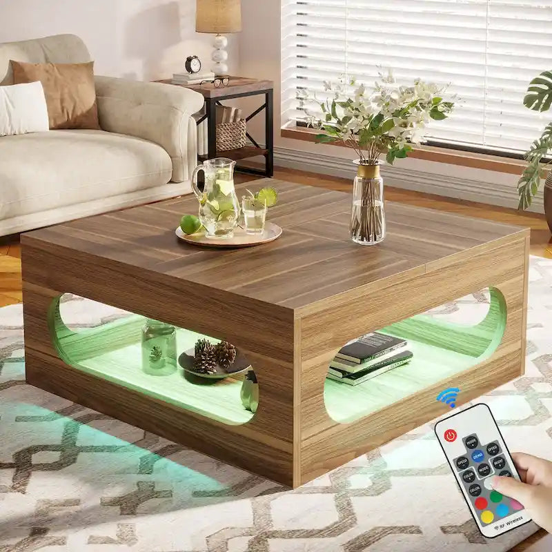 43-Inch Square Coffee Table with LED Light and 2-Tier Storage