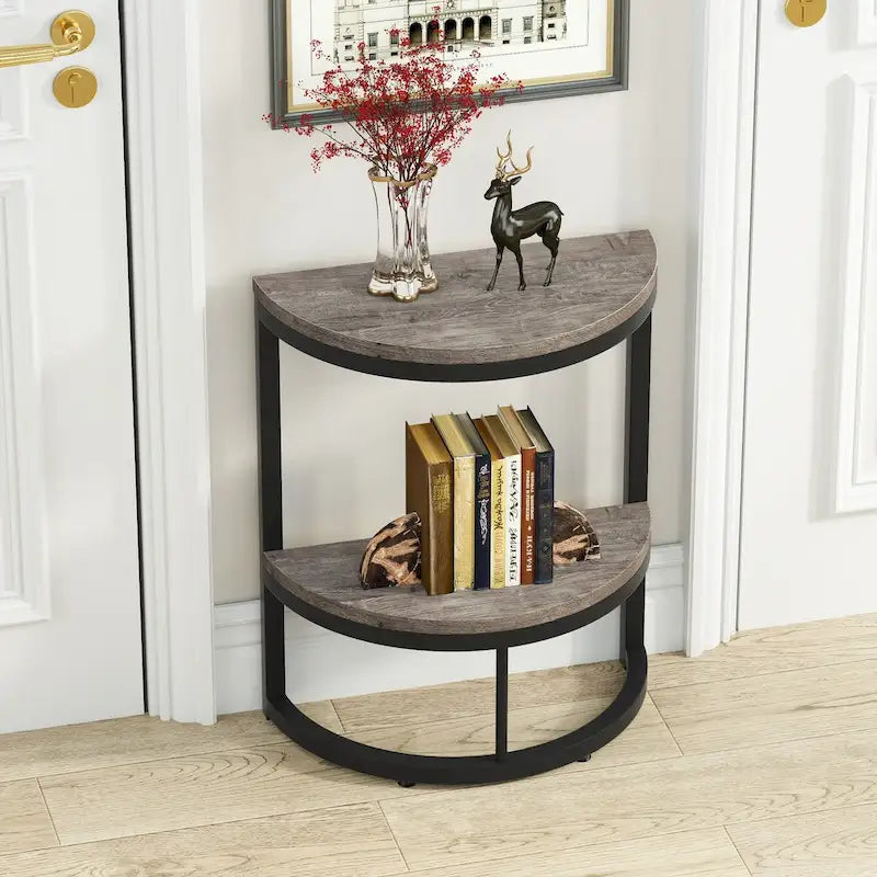 Table d'appoint semi-ronde à 2 niveaux avec rangement