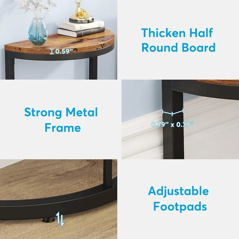 Table d'appoint semi-ronde à 2 niveaux avec rangement
