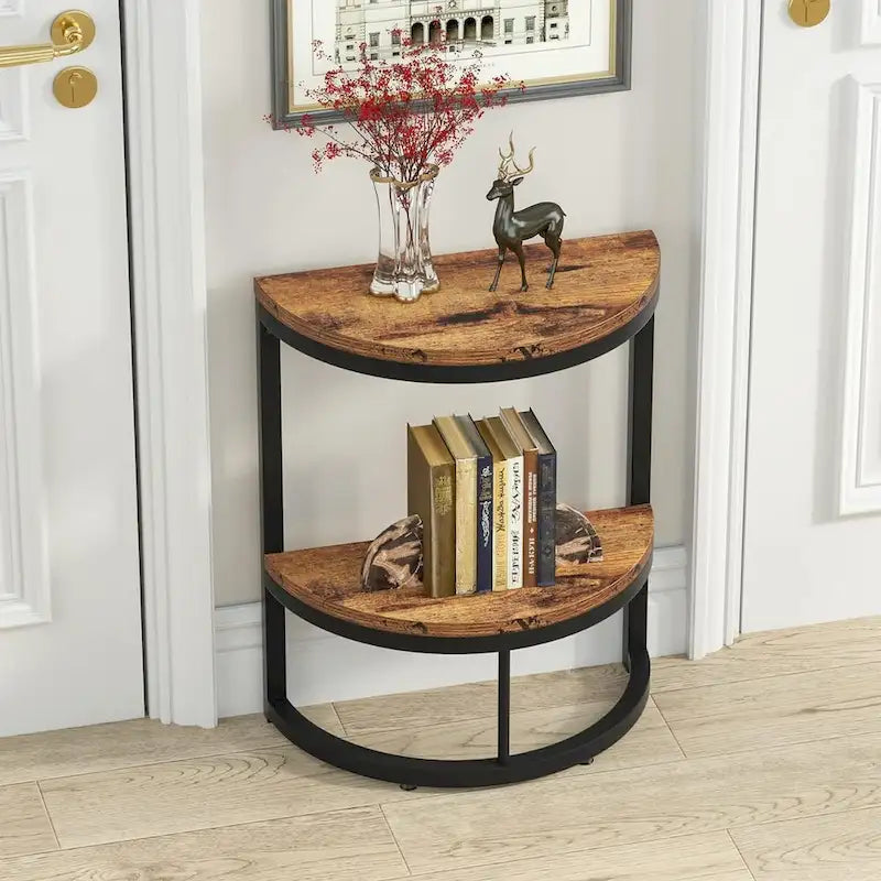 Table d'appoint semi-ronde à 2 niveaux avec rangement