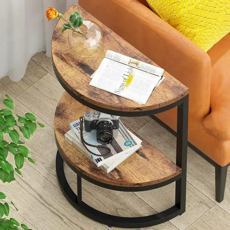 Table d'appoint semi-ronde à 2 niveaux avec rangement