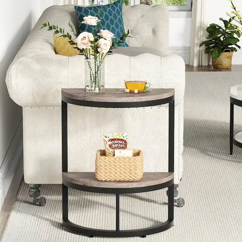 Table d'appoint semi-ronde à 2 niveaux avec rangement