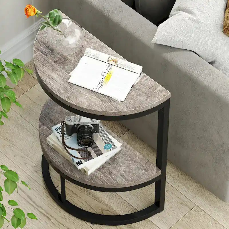Table d'appoint semi-ronde à 2 niveaux avec rangement