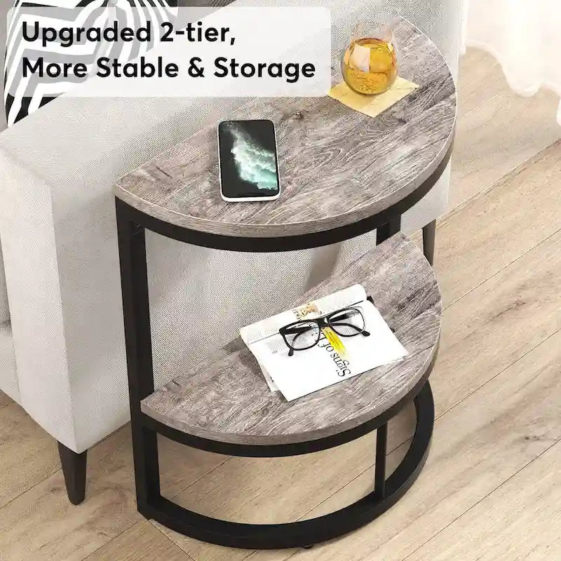 Table d'appoint semi-ronde à 2 niveaux avec rangement
