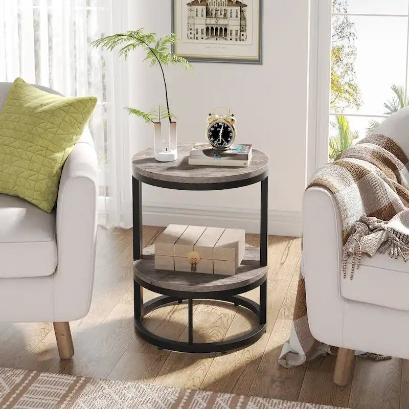 Table d'appoint semi-ronde à 2 niveaux avec rangement
