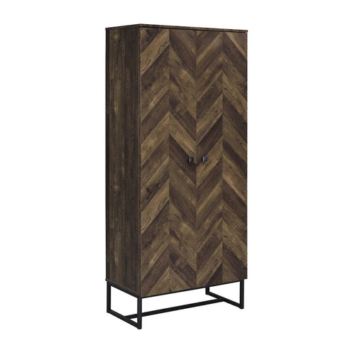 Hoge kledingkast van 71 inch met 2 deuren, sledepoten, chevronpatroon in houtbruin