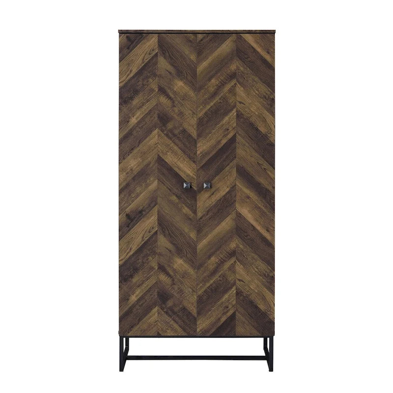 71 Inch 2 Door Tall Wardrobe Cabinet, Sled Legs, Chevron Wood Brown