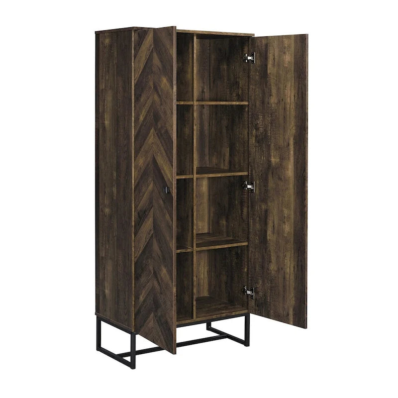 71 Inch 2 Door Tall Wardrobe Cabinet, Sled Legs, Chevron Wood Brown