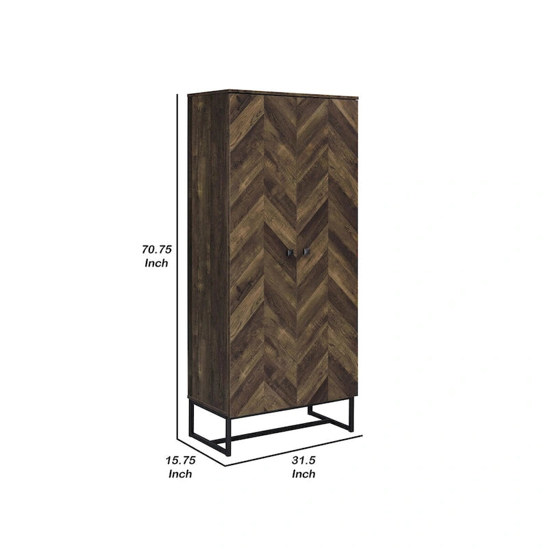 71 Inch 2 Door Tall Wardrobe Cabinet, Sled Legs, Chevron Wood Brown