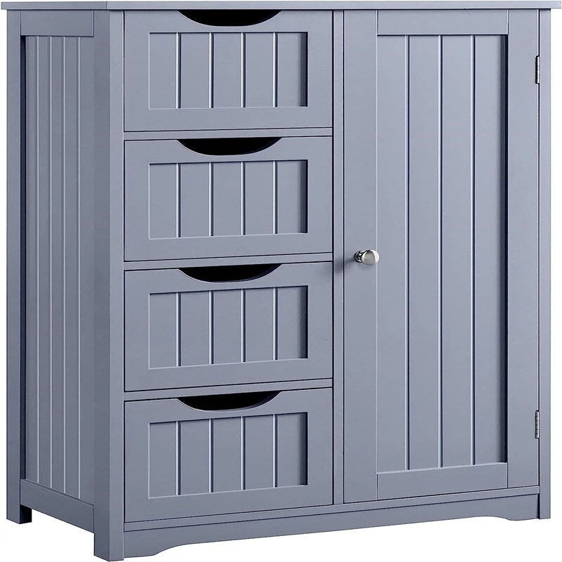 White Bathroom Floor Cabinet with 4 Drawers and 3-Tier Shelf