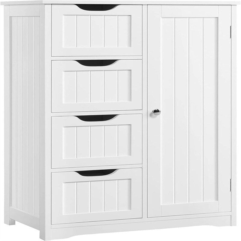 White Bathroom Floor Cabinet with 4 Drawers and 3-Tier Shelf