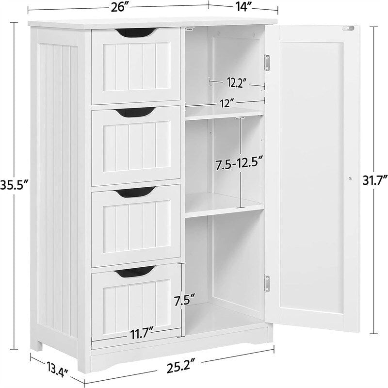 White Bathroom Floor Cabinet with 4 Drawers and 3-Tier Shelf