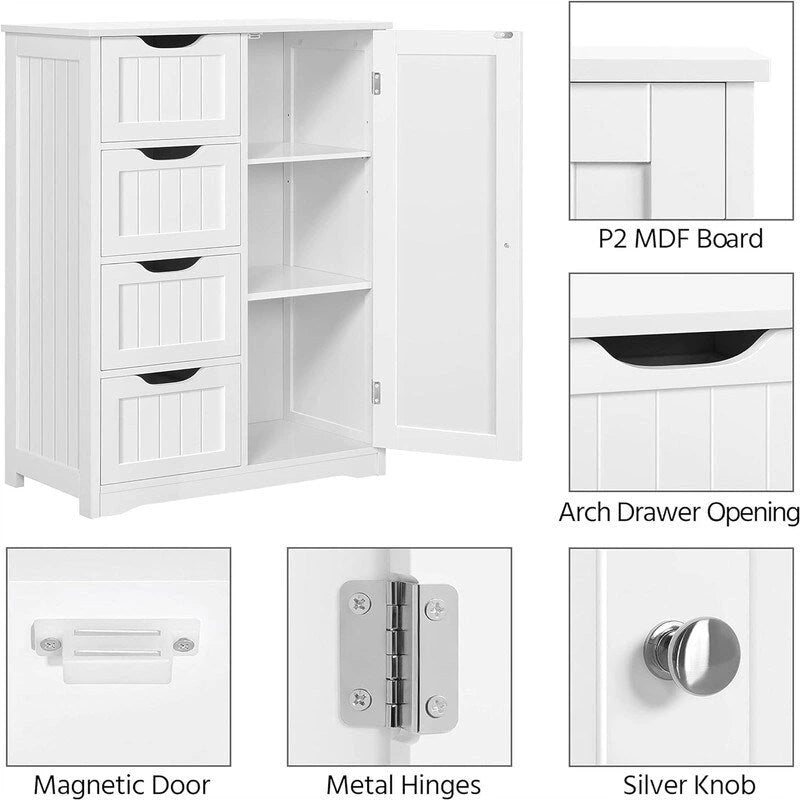 White Bathroom Floor Cabinet with 4 Drawers and 3-Tier Shelf