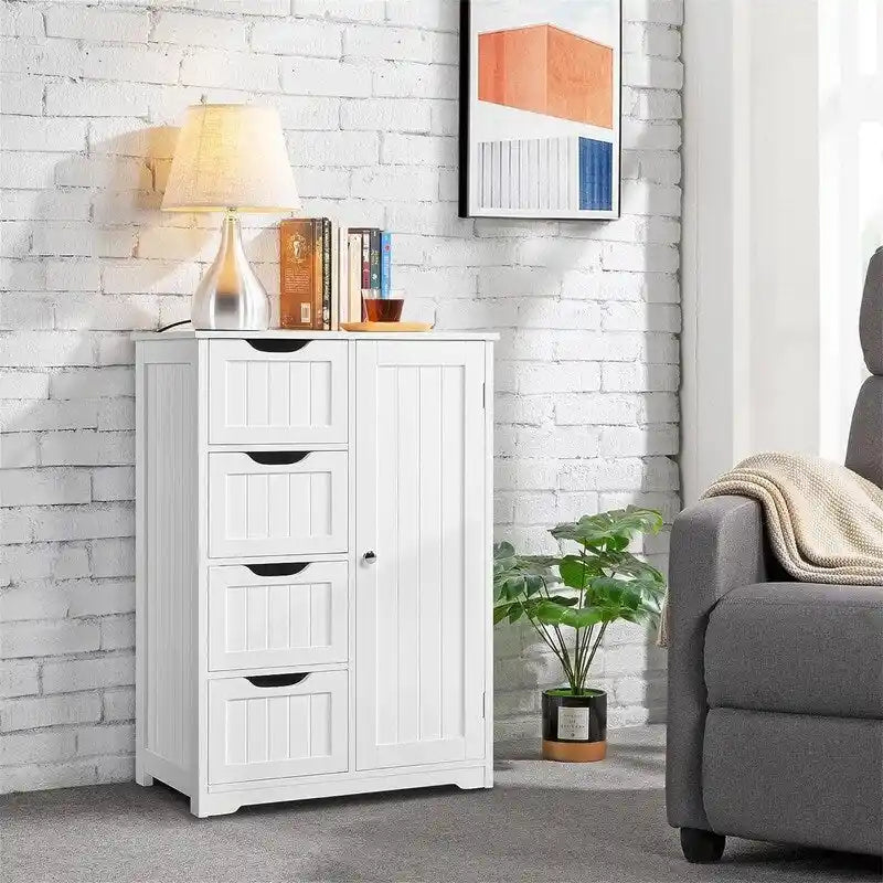 White Bathroom Floor Cabinet with 4 Drawers and 3-Tier Shelf