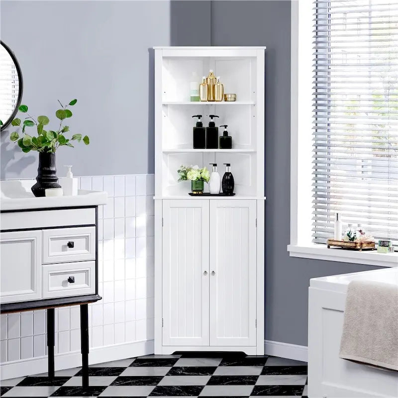 Corner Cabinet Shelving Unit, Freestanding Bathroom Cabinet, White