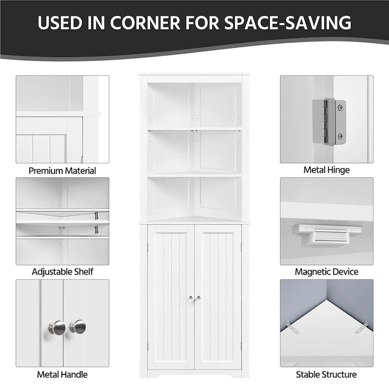 Corner Cabinet Shelving Unit, Freestanding Bathroom Cabinet, White