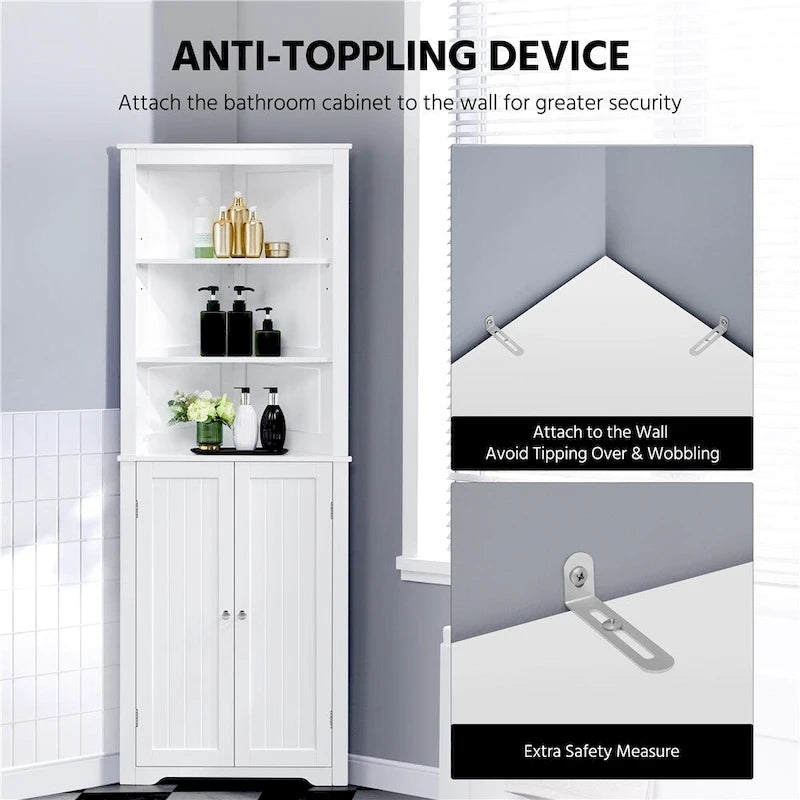 Corner Cabinet Shelving Unit, Freestanding Bathroom Cabinet, White