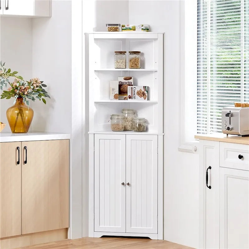 Corner Cabinet Shelving Unit, Freestanding Bathroom Cabinet, White