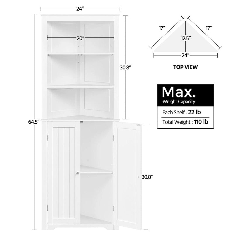 Corner Cabinet Shelving Unit, Freestanding Bathroom Cabinet, White