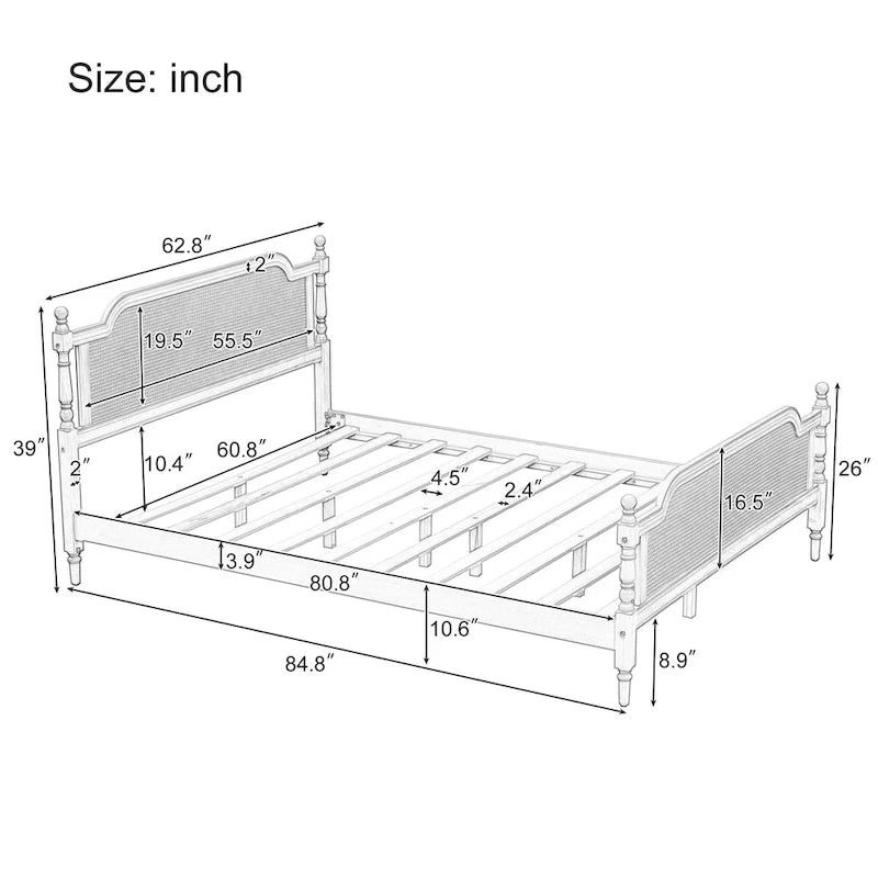 Traditional Rattan Queen Size Bed Frame, No Box Spring Needed