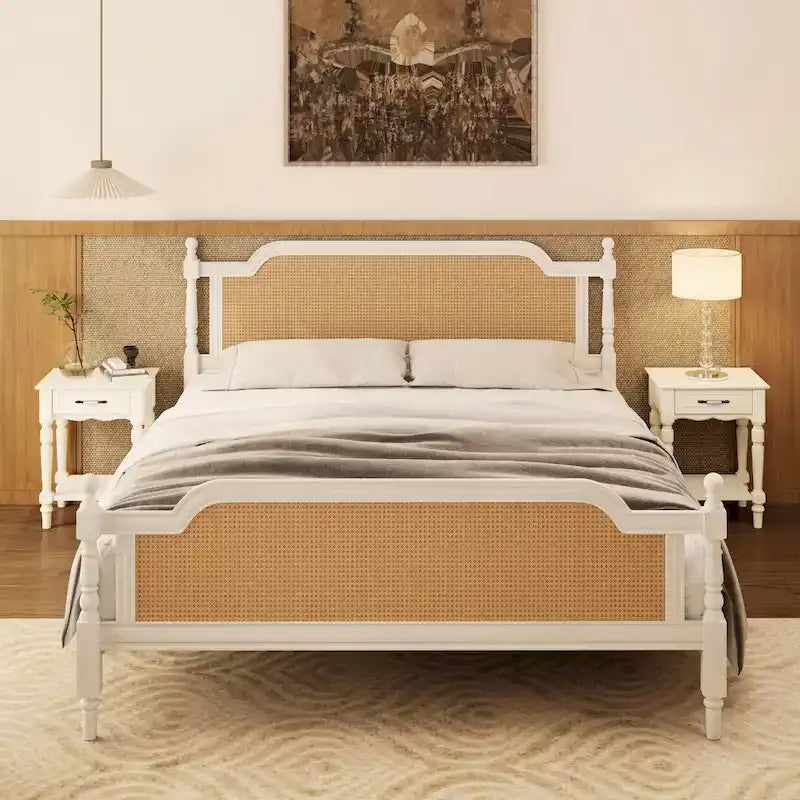 Traditional Rattan Queen Size Bed Frame, No Box Spring Needed