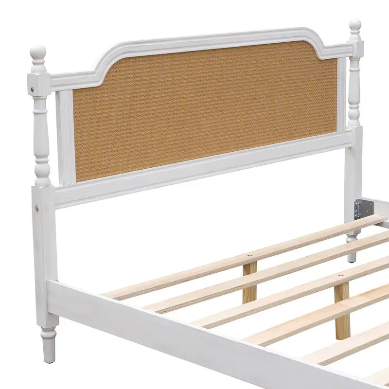 Traditional Rattan Queen Size Bed Frame, No Box Spring Needed