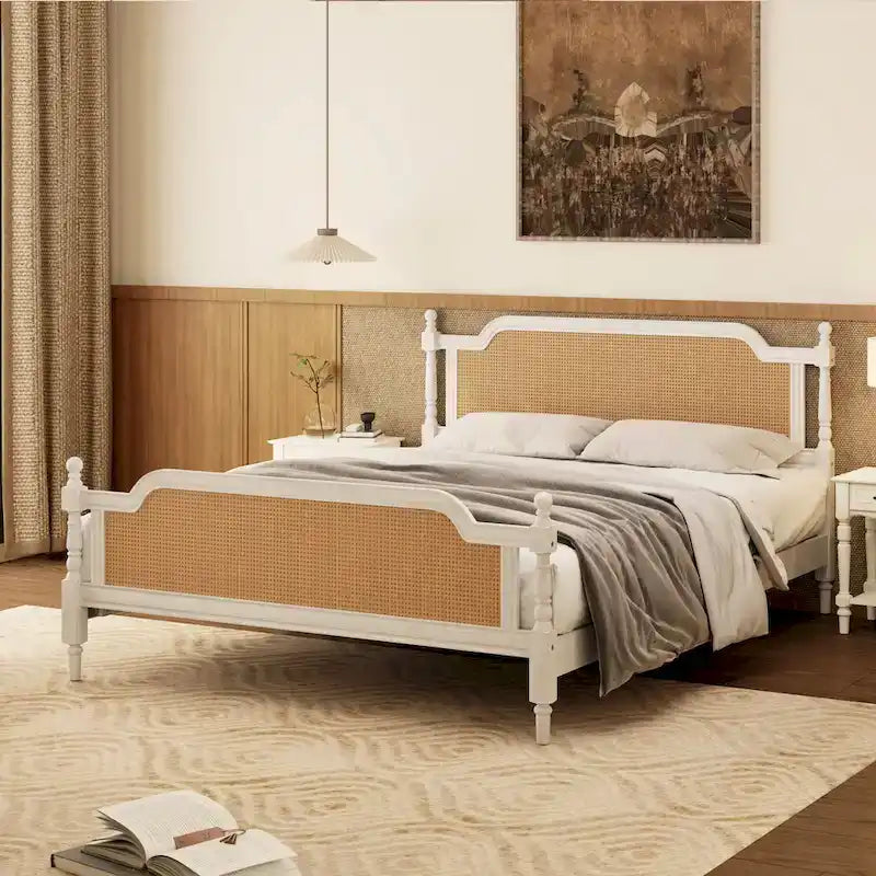 Traditional Rattan Queen Size Bed Frame, No Box Spring Needed