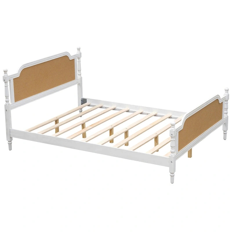 Traditional Rattan Queen Size Bed Frame, No Box Spring Needed