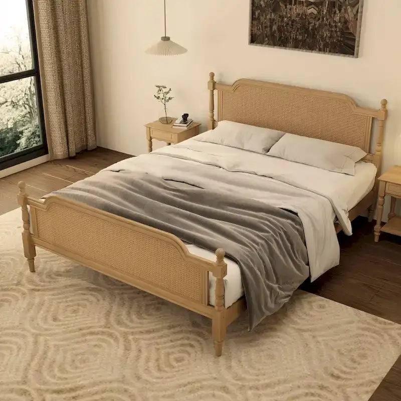 Traditional Rattan Queen Size Bed Frame, No Box Spring Needed
