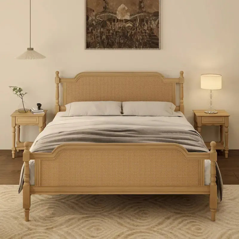 Traditional Rattan Queen Size Bed Frame, No Box Spring Needed