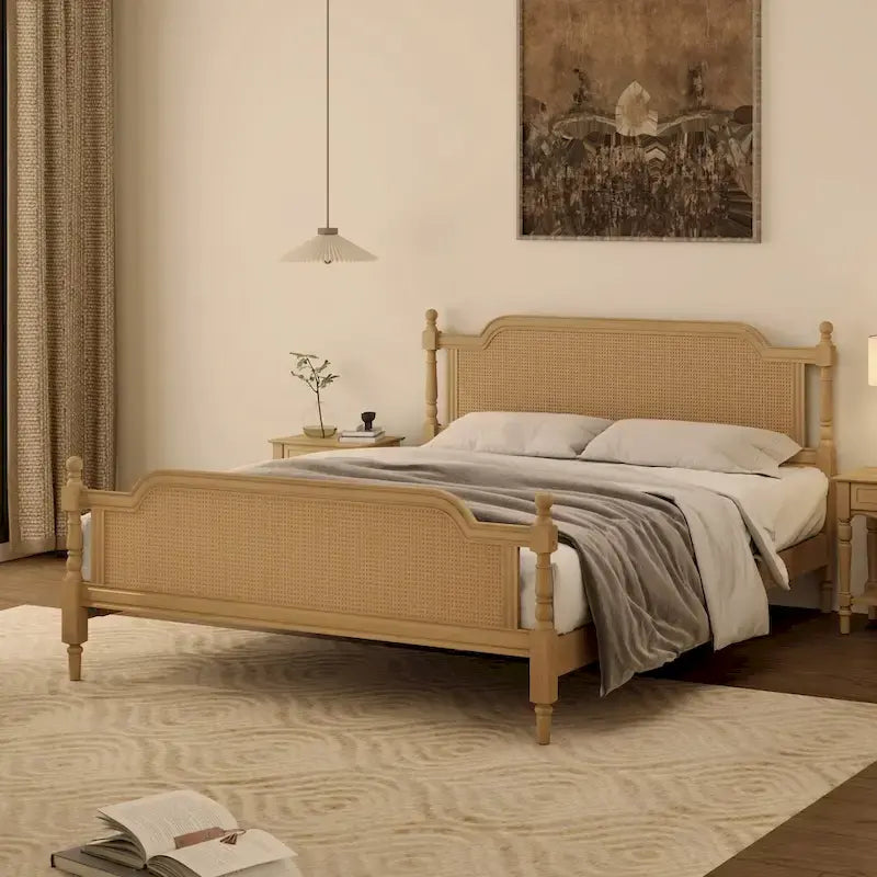Traditional Rattan Queen Size Bed Frame, No Box Spring Needed